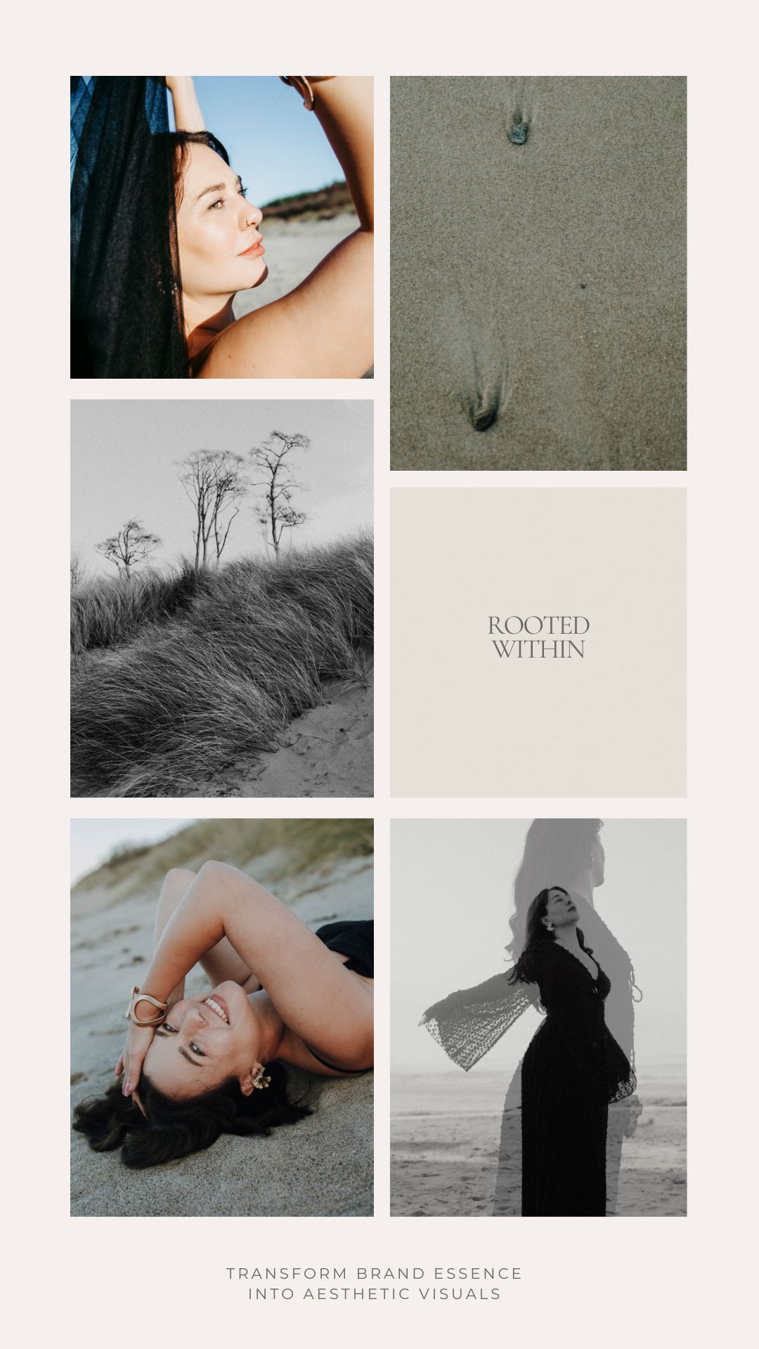 JULES LÅND LEBEN Personal Branding Fotografie in Berlin für achtsame Unternehmerinnen: Ästhetische Bildcollage einer Brand Story am Meer. Porträt einer Frau im warmen Sonnenlicht mit weichem Schattenwurf, daneben minimalistische Detailaufnahme von Sand mit Fußspuren als Symbol für Weg und Entwicklung. Schwarz-weiß Fotografie von Dünengras in Bewegung, reduziert und naturverbunden. Typografisches Element ‚Rooted Within‘ auf ruhigem Hintergrund als visuelles Branding. Unten eine Frau entspannt und lachend im Sand liegend, natürliche Pose, sowie eine doppelt belichtete Silhouette in fließendem schwarzen Kleid am Strand mit geöffneten Armen. Authentische Personal Branding Fotografie, nachhaltige Markenfotografie und visuelles Storytelling für bewusste Marken in Berlin, Fokus auf Ästhetik, Klarheit, Slow Marketing und Markenaufbau.
